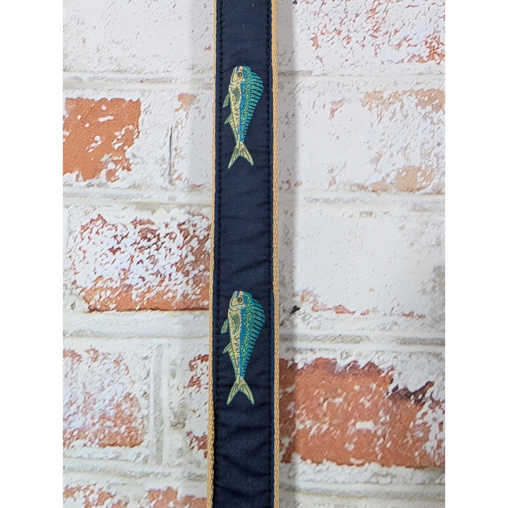 Leather Man Ltd. Mahi Mahi Fish Belt Mens 44 Navy Blue Embroidered Leather Brass